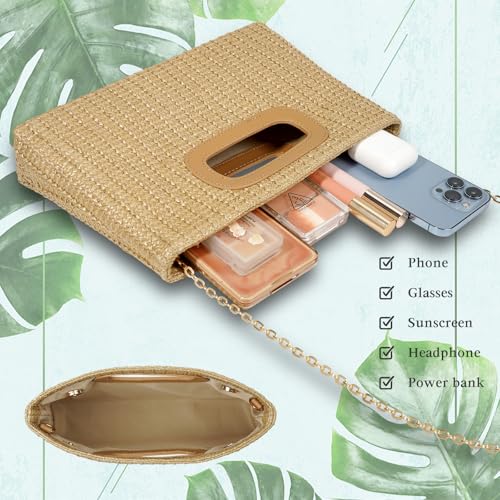 Top Handle Straw Clutch Handbags for Women, Summer Shoulder Crossbody Bag Raffia Evening Bag Woven Clutch for Beach, Travel, Parties, Beige