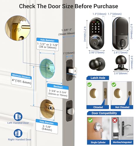 Veise Smart Locks for Front Door, 2 Knob Handle Set, Fingerprint Keyless Entry, App Control Biometric Door Lock, Electronic Digital Touchscreen Keypad Deadbolt, Easy Install, Auto Lock, Matte Black