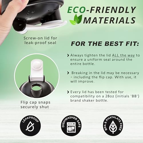 Shaker Bottle Replacement Lid Cap Top - Upgraded 2021 Version - Leak Proof & Compatible with 1 Brand Only - Rounded & Flat Base Bottles (3 Pack)