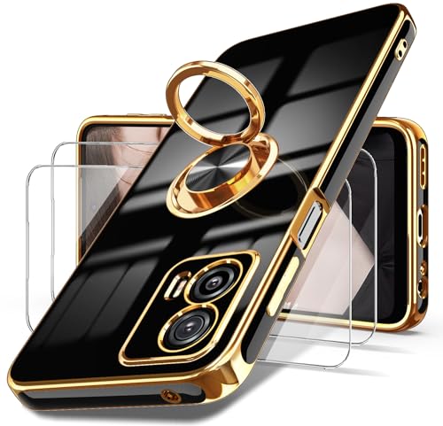 Dretal for Moto G 5G 2023 Case, 2X Screen Protector, 360° Rotatable Ring Holder Magnetic Kickstand,Plated Gold Edge Slim Soft TPU Protective Cover for Motorola G 5G 2023 (Black, ZH)