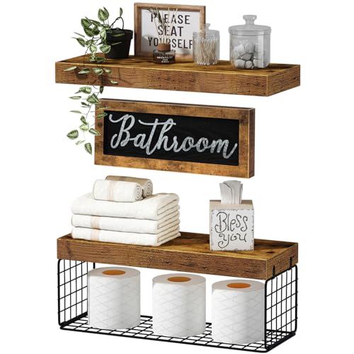 QEEIG ‎Bathroom Shelves Over Toilet Paper Storage - Farmhouse Decor Decorations Aesthetic Décor Sign Small Floating Wall Shelf 2+1 Set 16 inch, Rustic Brown (020BN)