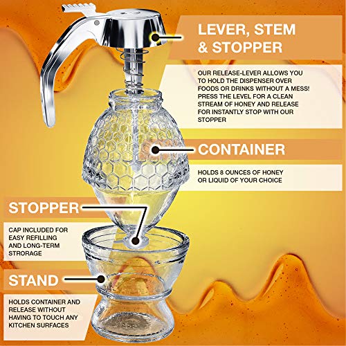 CLEVLI Honey Dispenser – No Drip Glass with Stand – Honey Jar – Clear Glass Honey Container with Dipper 8 Oz – Maple Syrup Dispenser – Honey Pot with Stand – Honey Bottle with Flip Top Lid