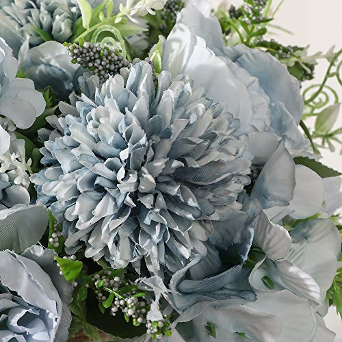 JARELING Peonies Artificial Flowers in Vase, Fake Hydrangea Silk Peony Flower Bouquet with Vase Faux Flowers Arrangement Decor Home Table Dining Room (Blue)