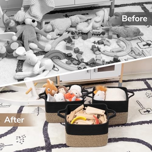 Goodpick Black Woven Rope Basket Set of 3, Shelf Storage Baskets for Books, Towels, clothes, Rectangle Decorative Basket for Living Room, Bedroom, Toy Bin for Nursery