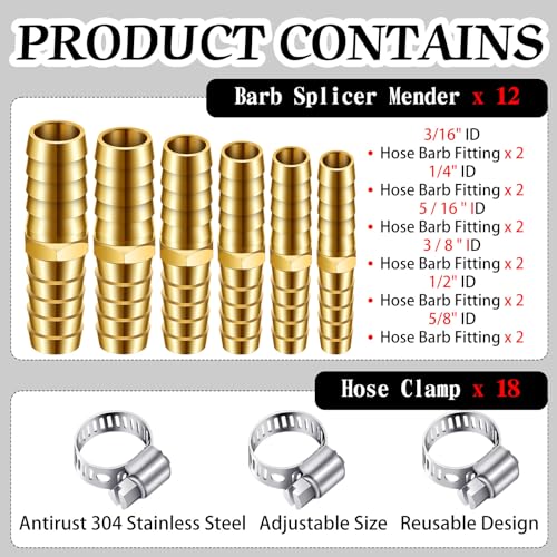 Yaocom 12PCS Brass Hose Barb Union Fitting Barb Splicer Mender Joiner Hose Fitting with 18PCS Stainless Steel Pipe Hose Clamp for Air/Water/Fuel/Oil, 3/16 1/4 5/16 3/8 1/2 5/8 Inch (Brassy,L Fitting)