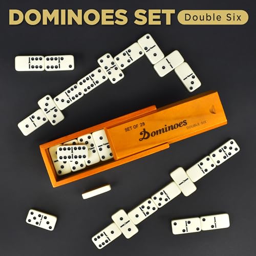 Queensell Dominos Set for Adults – Dominoes - Classic Board Games, Double 6 Dominoes Family Games for Kids and Adults - Double Six Standard Dominos Set 28 Tiles with Wood Case, Juegos de Mesa