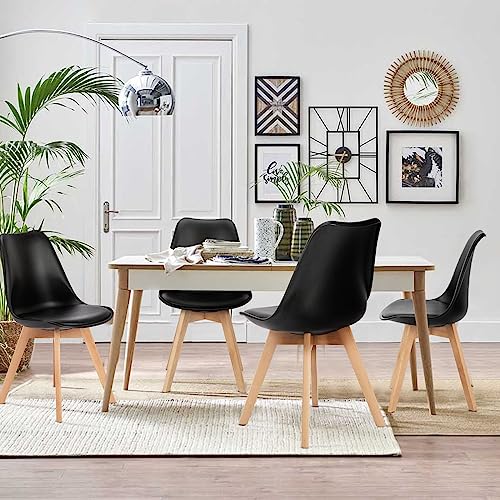 Sweetcrispy Dining Chairs, Dining Chairs Set of 4, Dining Room Chairs, Kitchen Chairs, Mid Century Modern Chairs, PU Leather Upholstered Chairs with Wood Legs, Kitchen & Dining Room Chairs, Black