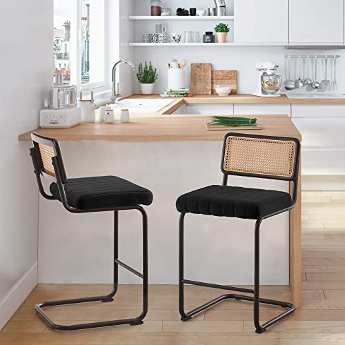 Counter Height Bar Stools Set of 2, 26" Rattan Counter Stool Velvet Upholstered Barstool with Cane Back & Metal Frame, Mid Century Modern Bar Chair Armless Kitchen Stool for Counter Island (Black)