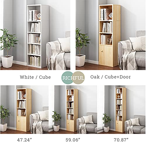 IOTXY Small Narrow Corner Bookcase - 47 Inches Tall Gap Freestanding Storage Cabinet, 4 Lattices Open Shelves Tower Rack with Door, Cubes Bookshelf in Oak
