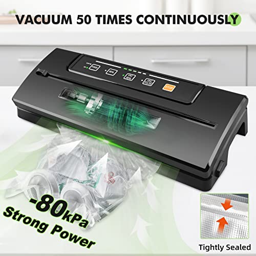 Toprime Vacuum Food Sealer Machine, 80kPa Powerful Sealing System Attached Roll Bag Cutter, Sous Vide Bag and Hose, Dry & Moist Food Modes for Seal a Meal