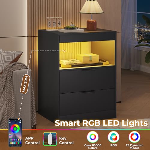 ADORNEVE LED Nightstand Black Nightstand with Wireless Charging Station 2 Drawers, Modern Bedroom End Side Table with LED Lights, Wooden Sofa Bedside Table with Pull-Out Shelf