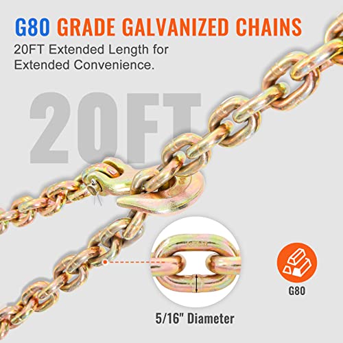 VEVOR Ratchet Chain Binder with Chain 5/16-3/8 inch, 7100 lbs Load Limit G80 Chain, Detachable Anti-Skid Handle, Tie Down Hauling Chain Binders for Flatbed Truck Trailer, 2 Set Black & Yellow