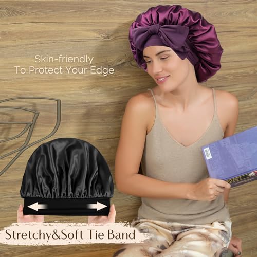 YANIBEST Large Jumbo Satin Hair Bonnets for Sleeping Double Layer Satin Lined Shower Cap for Women Men Cap for Curly Natural Hair,Black