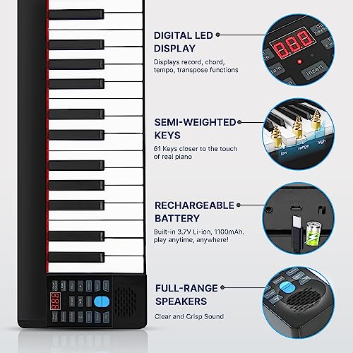 Pyle, Electric Musical Keyboard 61 Keys, Foldable Portable Electronic Standard Piano with Bluetooth, 129 Tones, 128 Audio Rhythms, includes Sustain Pedal, Gig Bag, Headphones, Book Holder (PKBRD6100)