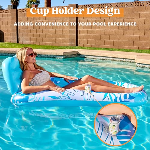 Sloosh Pool Lounge Float Adult, Inflatable Pool Floats Lounger Raft Floaties Water Floating Recliner Chair with Cup Holders Foot Rest Swimming Pool Floaty, Blue