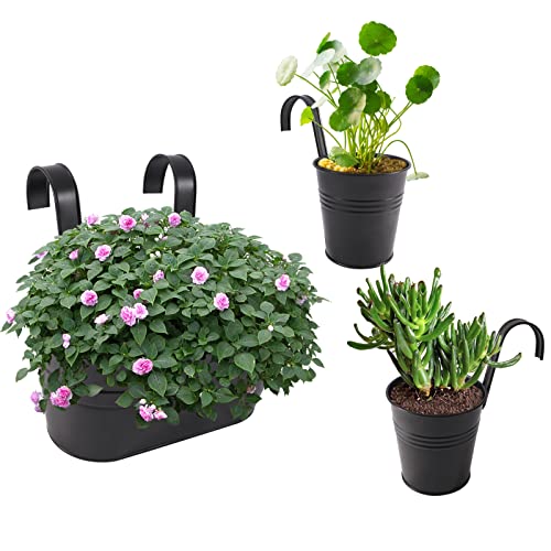 Metal Iron Flower Pots for Railing Fence Hanging Bucket Pots(5 Pcs) and Hanging Flower Pots Metal Iron Bucket Planter(10 Pcs) (Black)