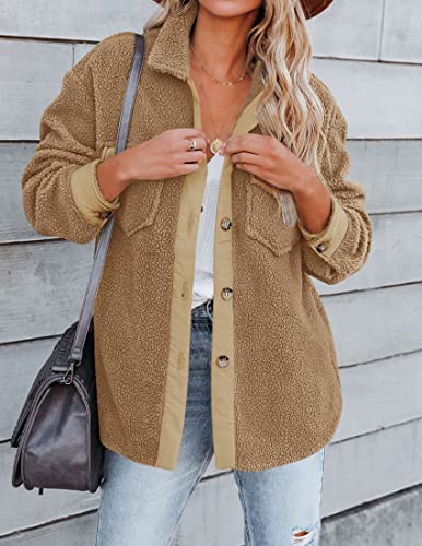 ZESICA Womens Winter Casual Sherpa Fleece Jacket Long Sleeve Button Solid Warm Fuzzy Outwear Coat Pockets,Wine,Large