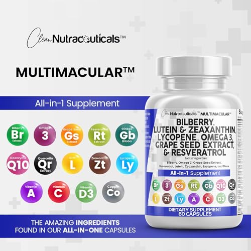 Eye Health Vitamins with Bilberry 6000mg Lutein & Zeaxanthin 40mg Lycopene 40mg Resveratrol 3000mg Grape Seed Extract 6000mg Omega 3 4000mg Astaxanthin - Eye Vitamin - 60 Capsules