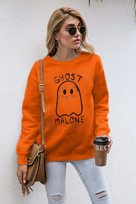 FASHGL Ghost Sweatshirt Women Funny Halloween Pullover Spooky Graphic Blouse Casual Long Sleeve Tee Tops Black