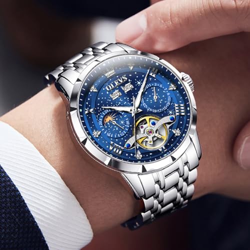 OLEVS Mens Automatic Watches Self-Winding Starry Sky Diamond Skeleton Luxury Wrist Watch Waterproof Luminous