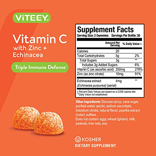 Vitamin C Gummies for Adults & Teens with Zinc & Echinacea - Immune Support Gummies - Immune Booster - Vegan, Gelatin Free, Gluten Free, GMO Free - Tasty Vitamin C Chewable Orange Flavored Gummy