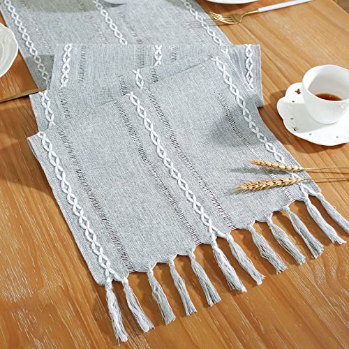 Laolitou Rustic Table Runner with Tassels, Cotton Linen Table Decoration for Holiday Party, Farmhouse Table Runners, Wedding and Dining Decorations, 36 Inches, Pink