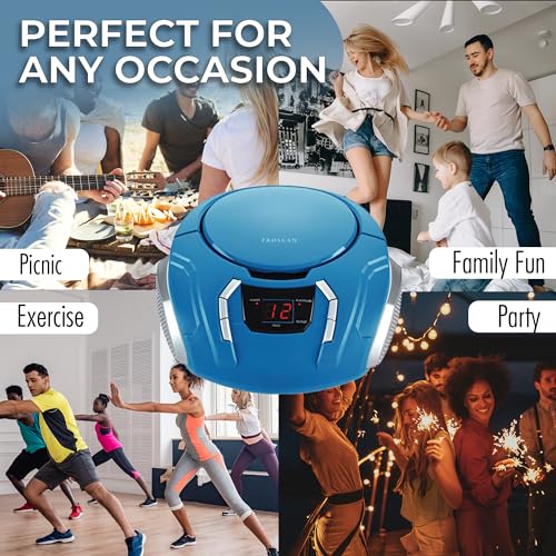 PROSCAN ELITE Portable CD Player Boombox with AM/FM Radio + Built in Speakers + Aux Input to Phone/Headphones/Any Audio - CD Players for Home Using AC Adapter or C Batteries