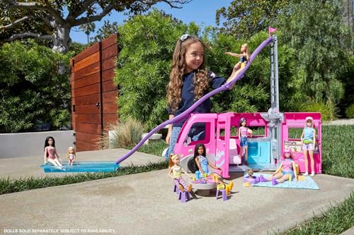 Barbie Camper Playset, DreamCamper Toy Vehicle with 60 Doll-Sized Accessories Including Furniture, Pool & 30-inch Slide