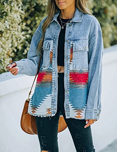 happlan Aztec Shacket Jacket for Women Wool Blend Lapel Button Down Print Shirt Coat (0332-Blue-M)