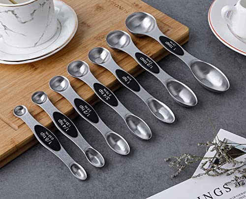 Magnetic Measuring Spoons Set of 7 Stainless Steel Dual Sided Teaspoon Tablespoon for Measuring Dry and Liquid Ingredients