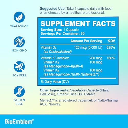 BioEmblem Vitamin D3 K2 Capsules (5000IU and 200mcg) - Patented MK7 and MK4 for 3-in-1 Complex Support - Vegetarian Vitamin D K2 Supplement for Teeth, Heart, Immune System - Non-GMO, 90 Caps