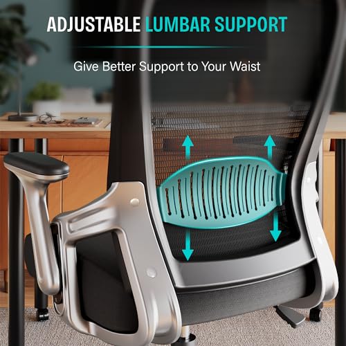 Ergonomic Office Desk Chair, Mesh Computer Gaming Chair with Adjustable Flip-Up Arms, Lumbar Support, Tilt Function, Comfy Wide Seat, Swivel Wheel, Sturdy Big and Tall Task Chairs for Adults Students