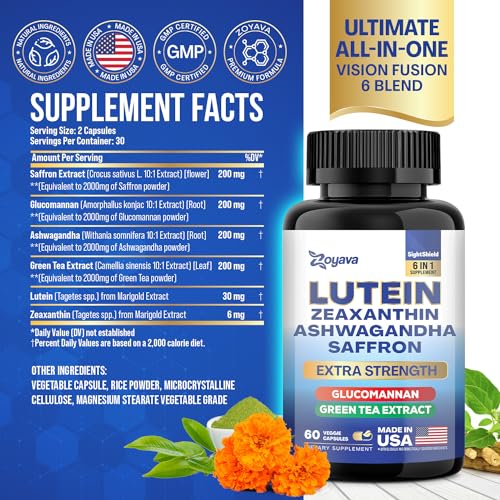 Lutein and Zeaxanthin Supplements 8000 MG Eye Vitamins with Saffron for Eye Health Supplements for Adults, Infused with Glucomannan, Ashwagandha, and Green Tea Extract Vision and Eyes Support