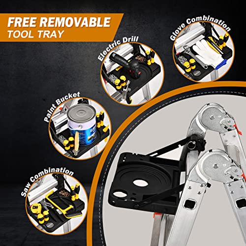 Soctone Ladder, A Frame 3 Step Ladder Extension Ladder, 11 Ft Multi Position Ladder & Removable Tool Tray with Stabilizer Bar, 330 lbs Weight Rating Telescoping Ladder for Household or Outdoor Work