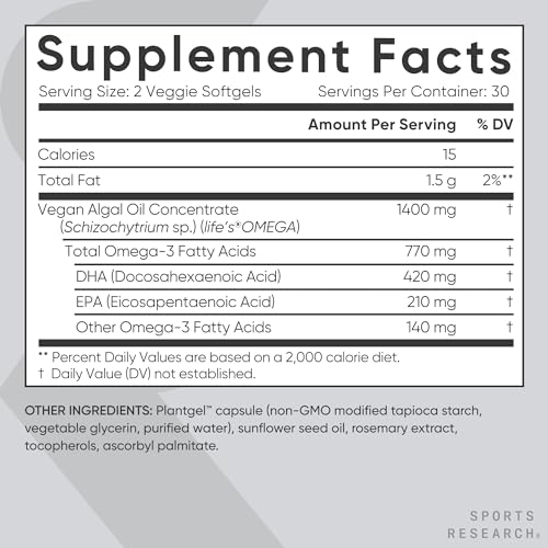 Sports Research Vegan Omega-3 Fish Oil from Algae Oil - High Levels DHA & EPA Fatty Acids | Non-GMO & Vegan Certified - 60 Softgels (Carrageenan Free)