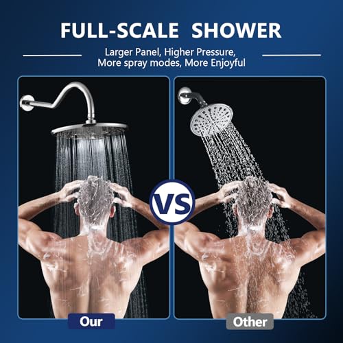 PDPBath Large 10 Inch Rain Shower Head with Extension Arm, 8-Setting Rainfall Showerhead with Extender, High Pressure Shower Heads with 16.7" Shower Arm Extension, Chrome