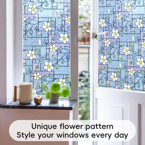DUOFIRE Total Blackout Window Film, 100% Light Blocking Stained Glass Window Film Decorative, Flower Rainbow Windows Films Room Removable Static Cling Windows Cover for Home, 47.2 x 78.7 inches