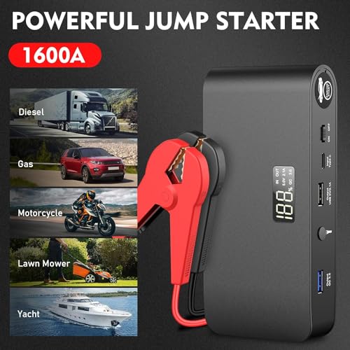 Jump Starter,1600A Car Battery Jump Starter(up to 7.2L Gas and 5.5L Diesel Engine),Portable Car Jump Starter,12V Car Battery Charger, Battery Booster, Jump Box with USB 3.0 Wall Charger