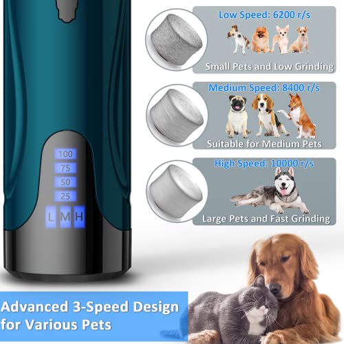 Dog Nail Grinder, Dog Nail Trimmers and Clippers Kit, Super Quiet Electric Pet Nail Grinder, Rechargeable, for Small Large Dogs & Cats Toenail & Claw Grooming,3 Speeds, 2 Grinding Wheels (A-Dark Blue)
