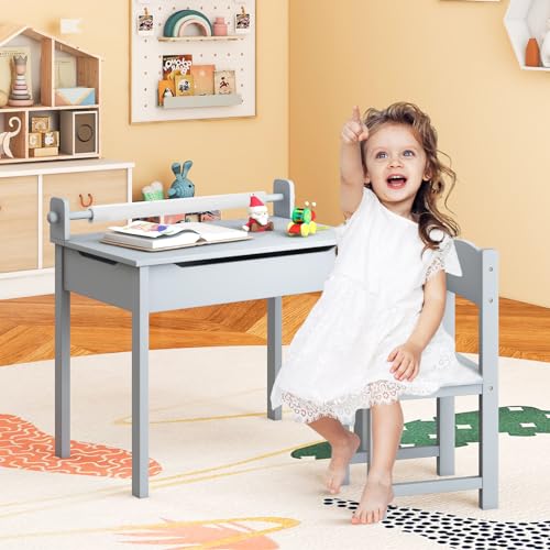 Costzon Kids Table and Chair Set, Flip Top Kids Art Craft Table w/Chair for Playroom Kindergarten, Toddler Drawing Writing Desk Set w/Paper Roll & 2 Markers, Gift for Boys Girls Ages 3+ (Gray)