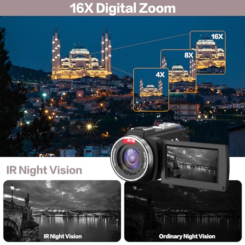 CUTELULY Video Camera Camcorder,HD 1080P 30FPS 36MP 270 Degree Rotation,16X Zoom Digital Camera, Night Vision Vlogging Camera for YouTube with External Microphone,Lens Hood, Remote Control, Stabilizer