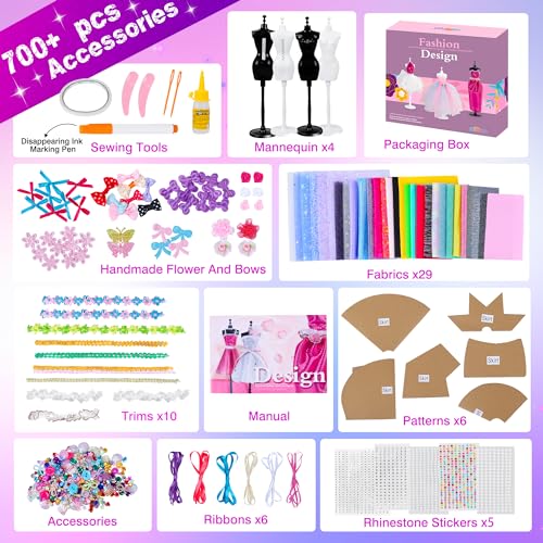 MINIFUN 800+Pcs Fashion Designer Kit for Girls, Sewing Kit with 4 Mannequins, DIY Arts and Crafts Kit for Kids, Doll Clothes Making Kit, Girl Toys for Age 6 7 8 9 10 11 12 Year Old Gifts