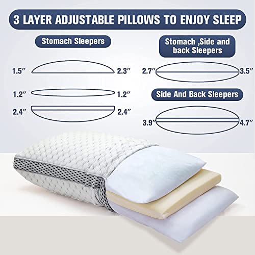 LBRO2M 3 Layer Adjustable King Size Bed Pillows, Adjust Firmness & Loft,Memory Foam Cooling Pillow with Cool Cover (King)