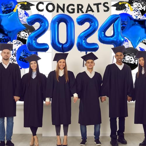 2024 Graduation Decorations-122Pcs Graduation Party Supplies Included Congrats Grad Backdrop,Graduation Banner, Balloons and Tableware(Blue)