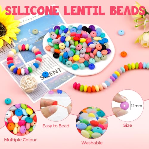180Pcs FIVEIZERO Silicone Lentil Beads Bulk, 12mm Silicone Abacus Focal Beads Silicone Beads Bulk Colorful DIY Loose Beads for Bracelet Necklace Crafts Pen Making（Lavender）
