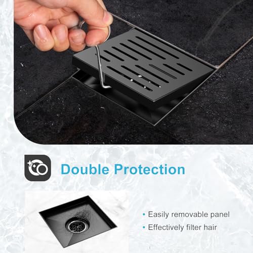 4 Inch Square Shower Drain, EMBATHER 304 Stainless Shower Floor Drain and Shower Drain Cover Included Hair Catcher and Leveling Feet, Black