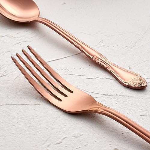 Matte Rose Gold Dessert Forks, FULLYWARE Stainless Steel Satin Finish Forks Silverware Salad Fork Set of 6, Rose Pattern Design, Dishwasher Safe