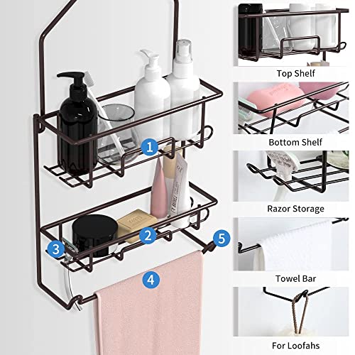 Shower Caddy Hanging Over Shower Head Rust Roof Shower Organizer with 10 Hooks for Razor Shampoo Holder Bathroom Shower Rack Storage Shelf with Towel Bar – Bronze