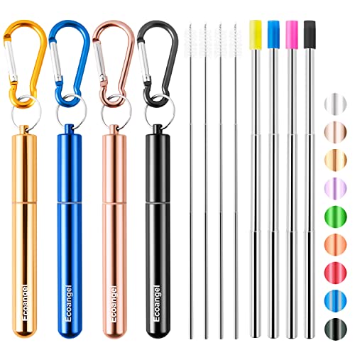 4 Pack Portable Reusable Metal Straw Collapsible Stainless Steel Drinking Straw Telescopic Straw to Drink Water Smoothie with Aluminum Key-chain Case & Cleaning Brush （Black & rose gold & blue & gold）