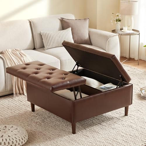 Weture 35 Inch Extra Large Storage Ottoman Coffee Table with Lift Top, Oversized Square Ottoman with Storage, Tufted Upholstered Ottoman Coffee Tables for Living Room (Fabric, Beige)